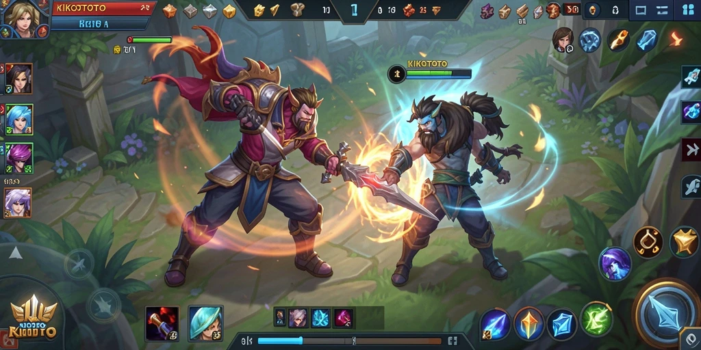 Tangkapan layar permainan KIKOTOTO dengan aksi MOBA yang mendebarkan.